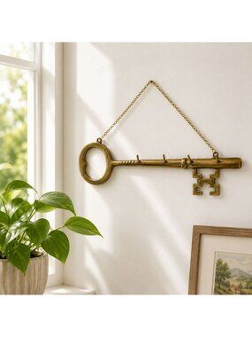 Vintage Brass Key-Shaped Wall Hook Rack With Chain For Hanging Decor Approx. 14"